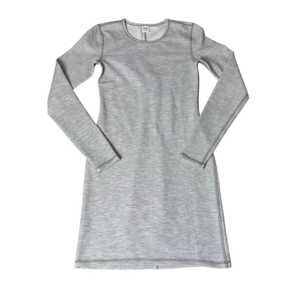 Tna Aritzia Womens Thermal Waffle Knit Mini Dress Heather Grey Long Sleeve M